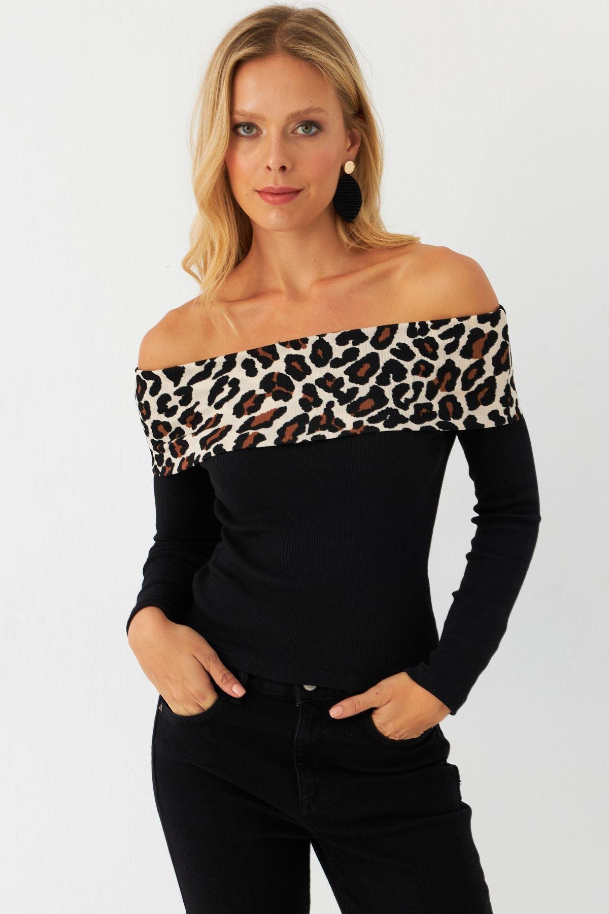 Kadın Kahverengi Leopar Bloklu Madonna Bluz AYD396