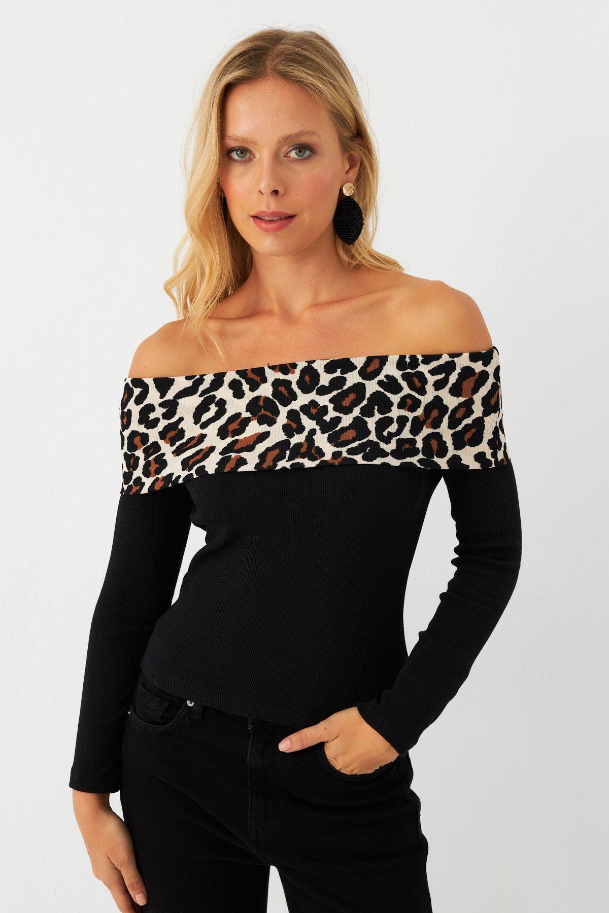 Kadın Kahverengi Leopar Bloklu Madonna Bluz AYD396