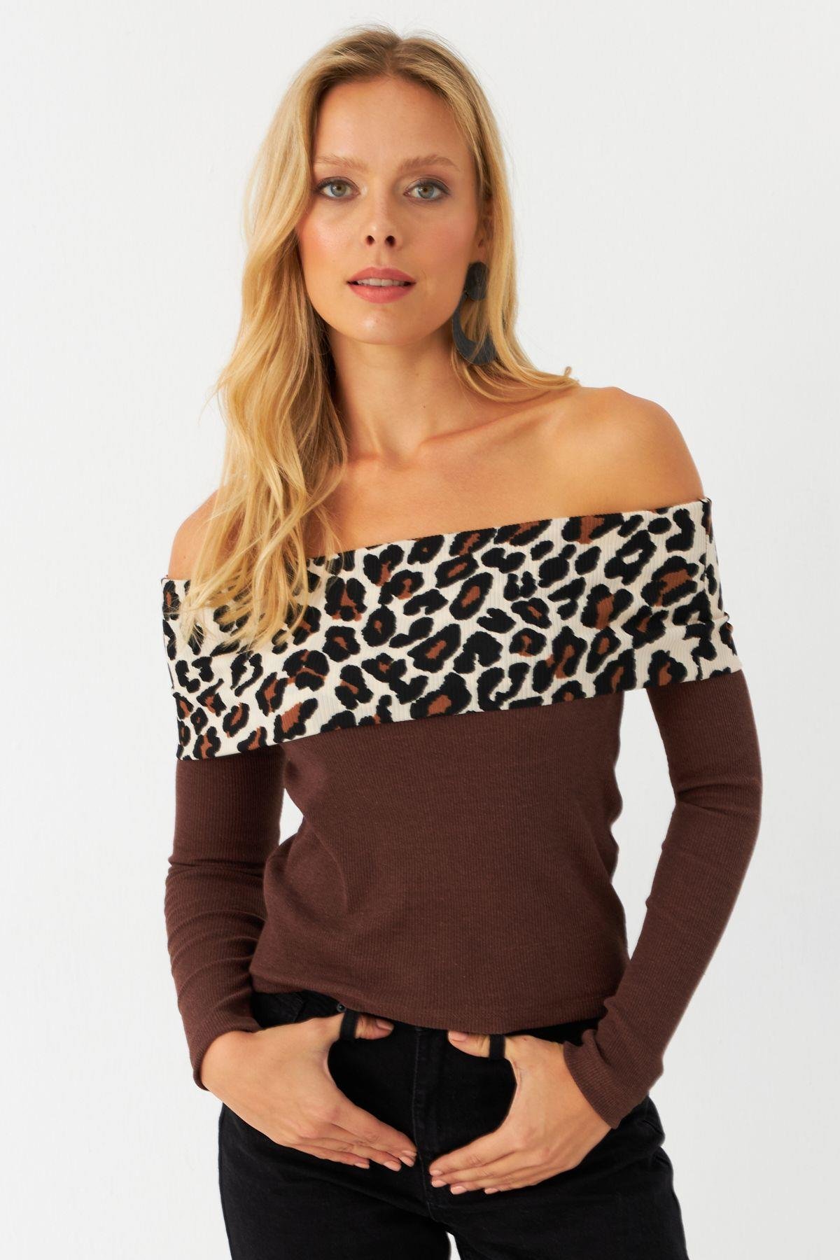 Kadın Kahverengi Leopar Bloklu Madonna Bluz AYD396