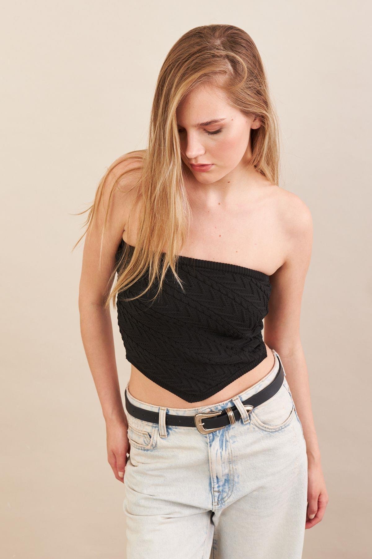 Kadın Kahverengi Straplez Triko Crop Bluz ZH049