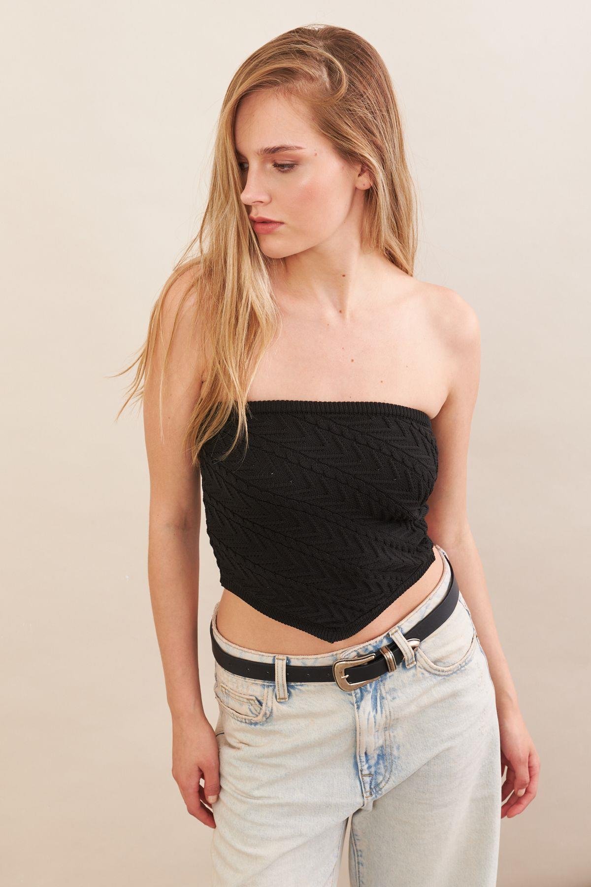 Kadın Kahverengi Straplez Triko Crop Bluz ZH049