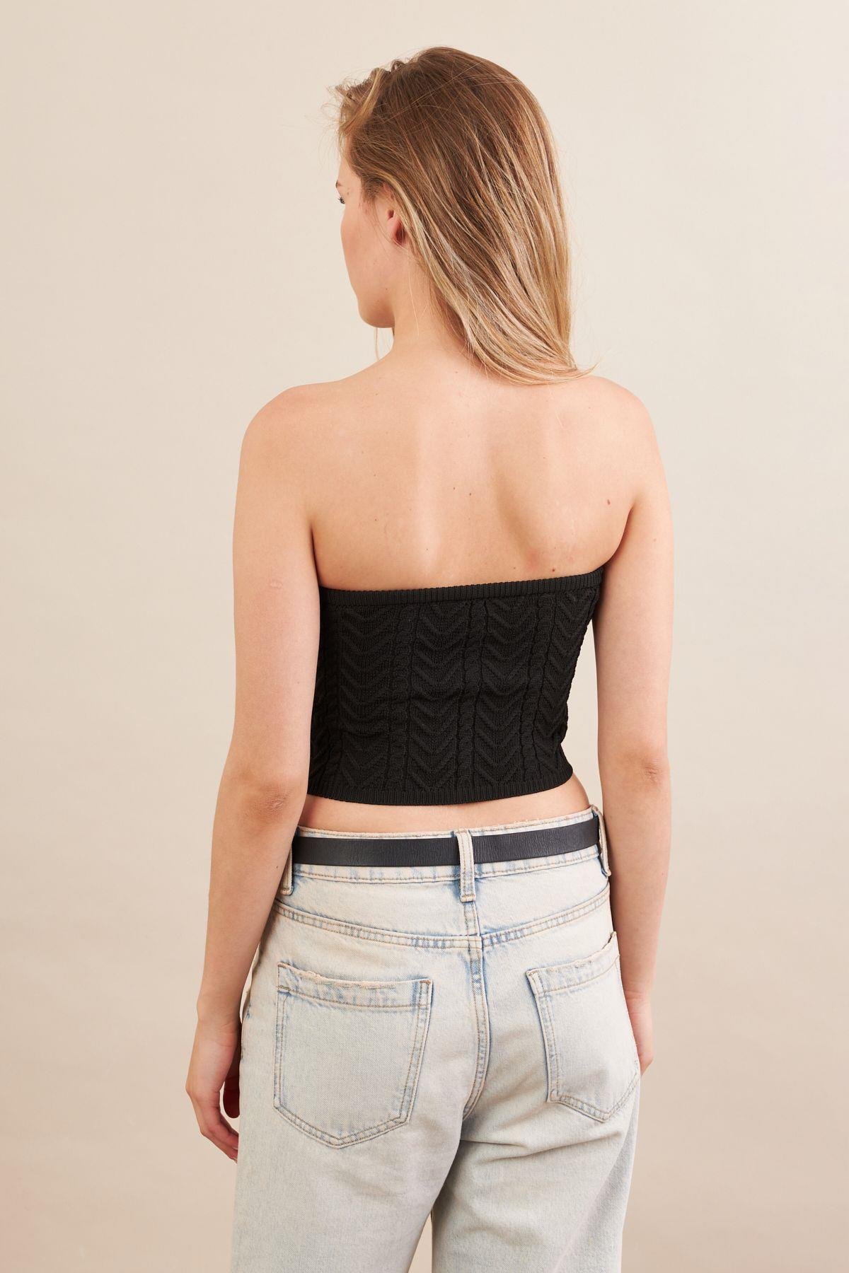 Kadın Kahverengi Straplez Triko Crop Bluz ZH049