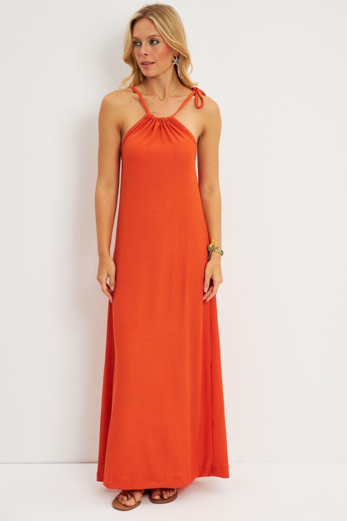 Kadın Kırmızı Halter Yaka Bürümcük Midi Elbise EY2788