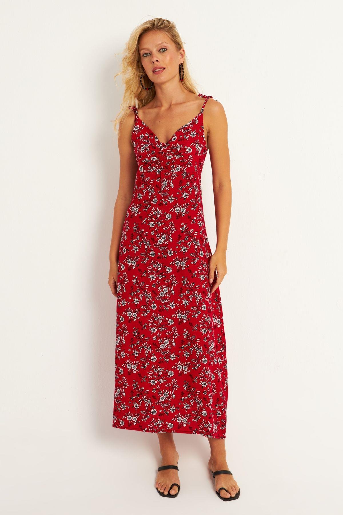 Kadın Kırmızı İp Askılı Çiçekli Midi Elbise GÇ172