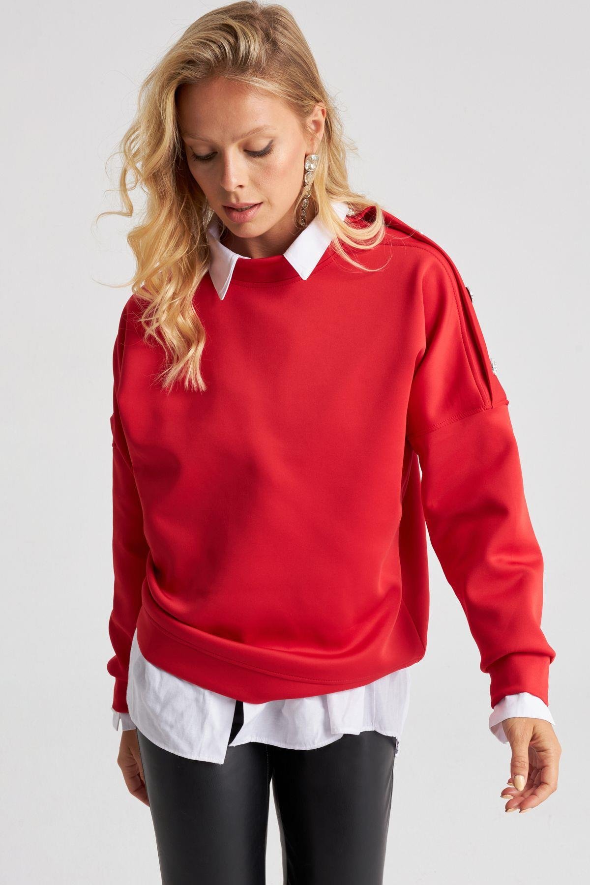 Kadın Kırmızı Omuz Taşlı Dalgıç Sweatshirt ST824
