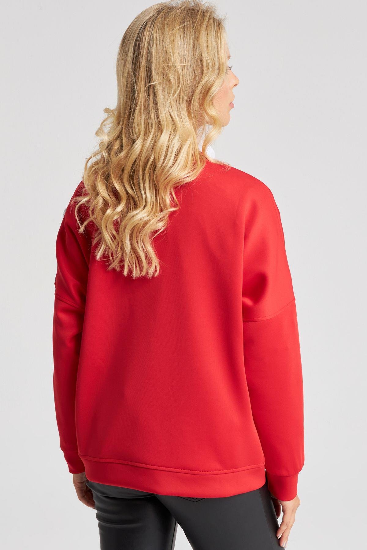 Kadın Kırmızı Omuz Taşlı Dalgıç Sweatshirt ST824