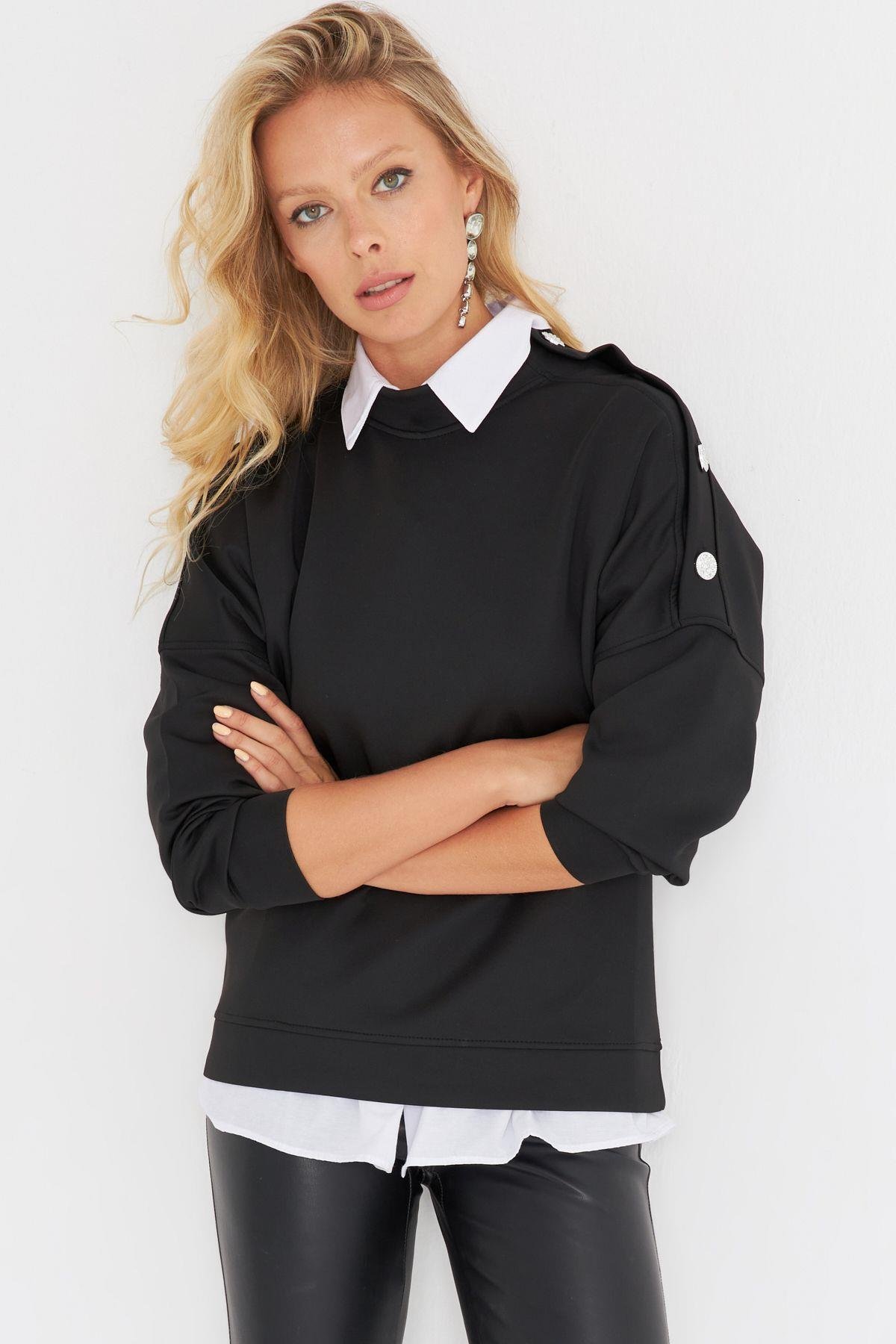 Kadın Kırmızı Omuz Taşlı Dalgıç Sweatshirt ST824