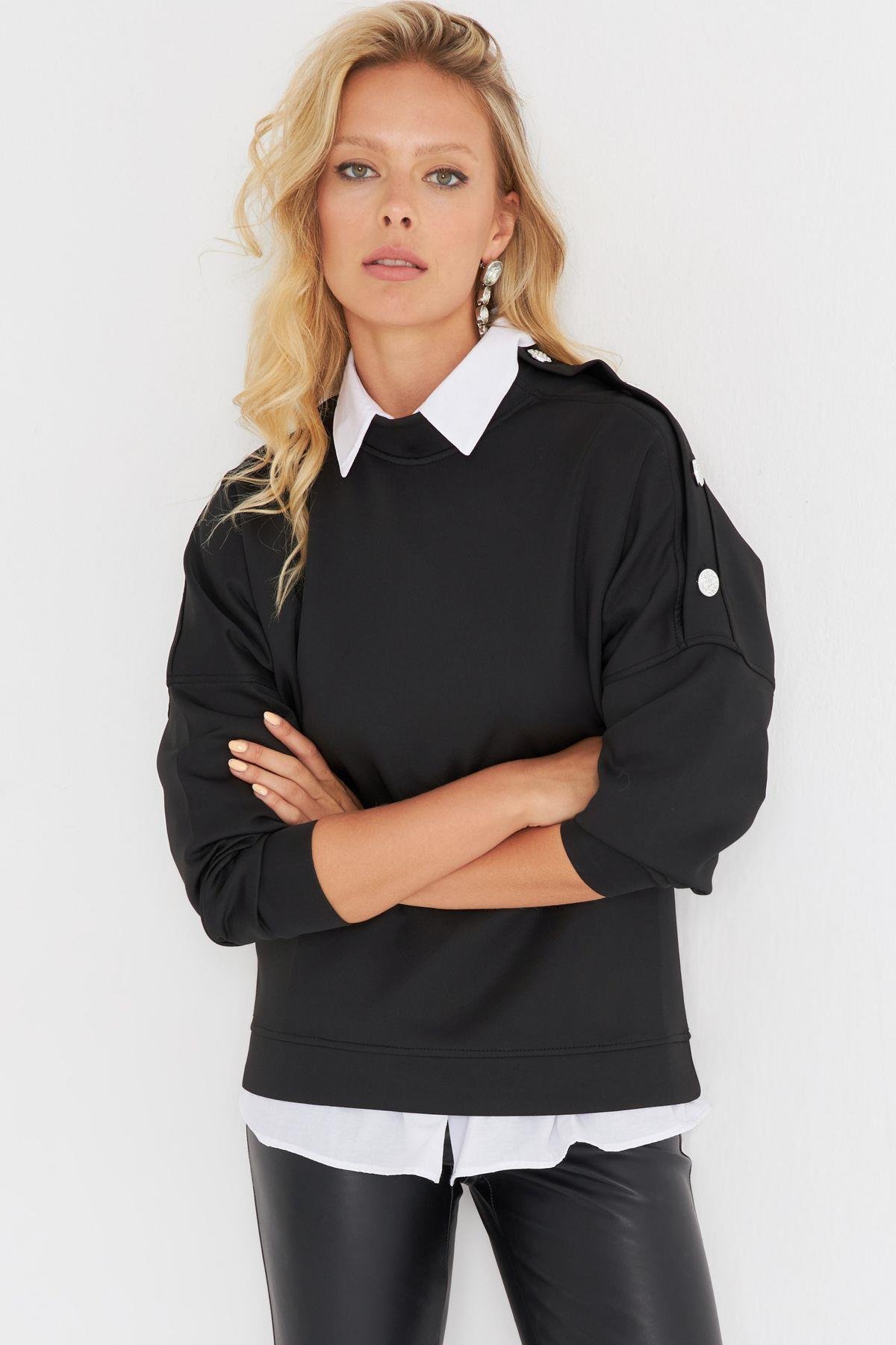 Kadın Kırmızı Omuz Taşlı Dalgıç Sweatshirt ST824