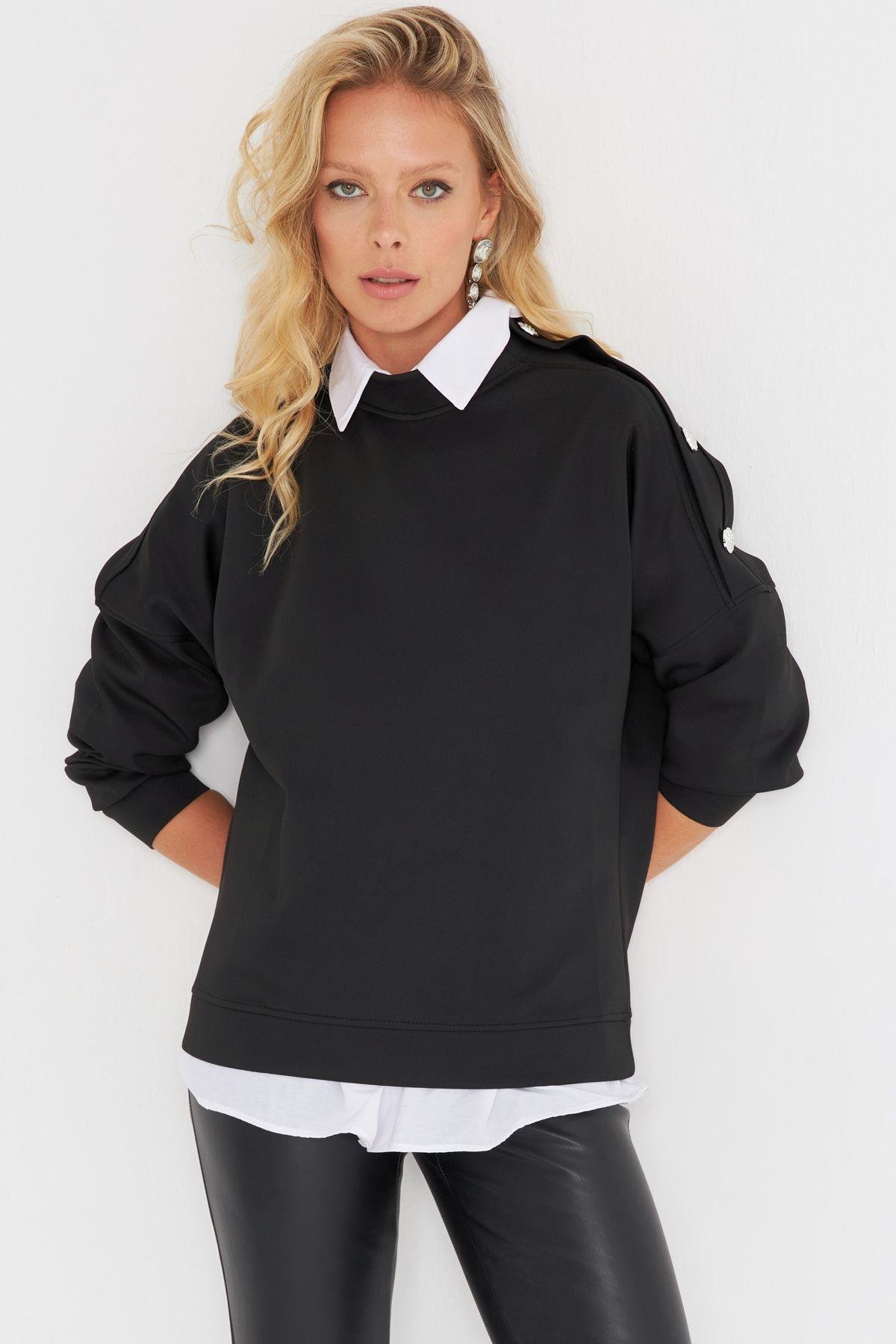 Kadın Kırmızı Omuz Taşlı Dalgıç Sweatshirt ST824