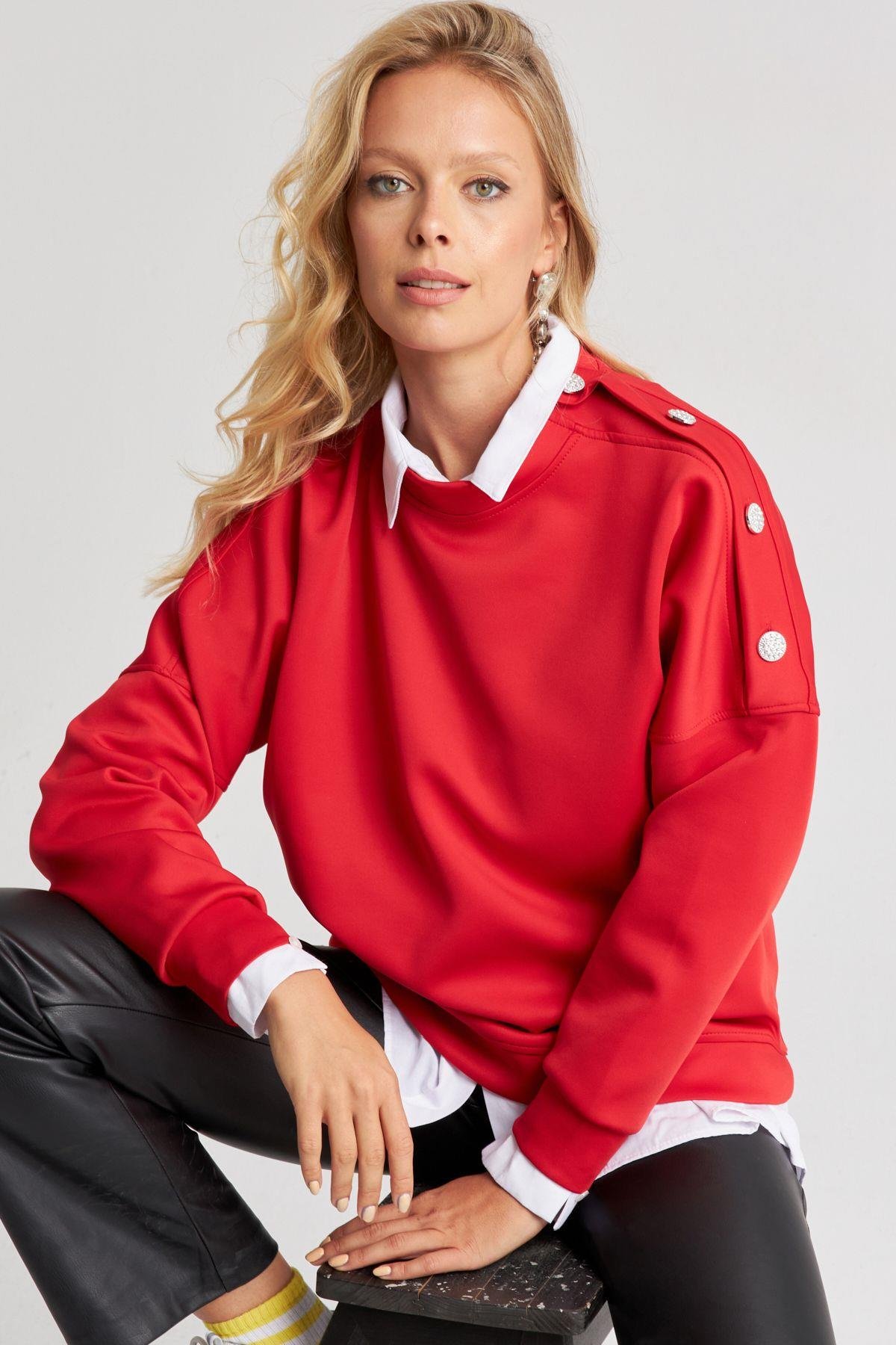 Kadın Kırmızı Omuz Taşlı Dalgıç Sweatshirt ST824