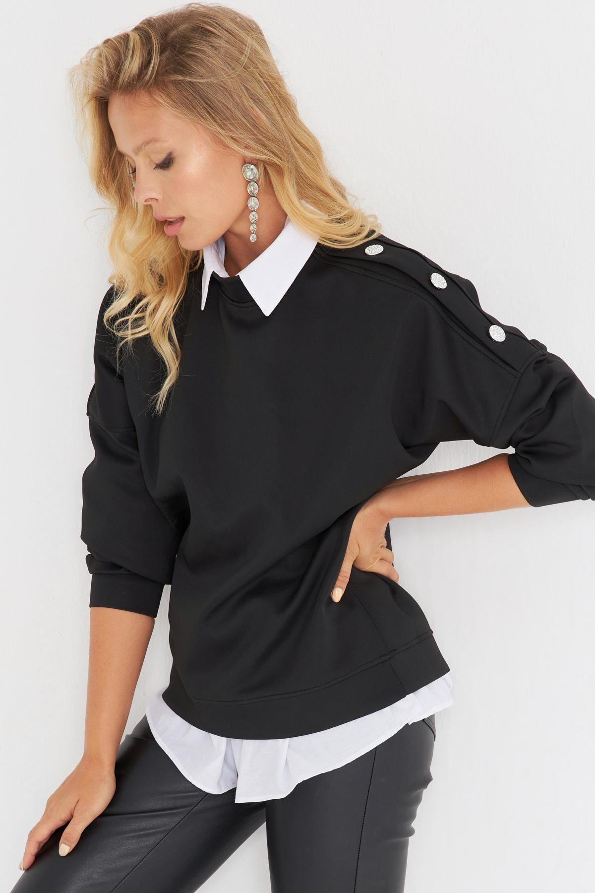 Kadın Kırmızı Omuz Taşlı Dalgıç Sweatshirt ST824