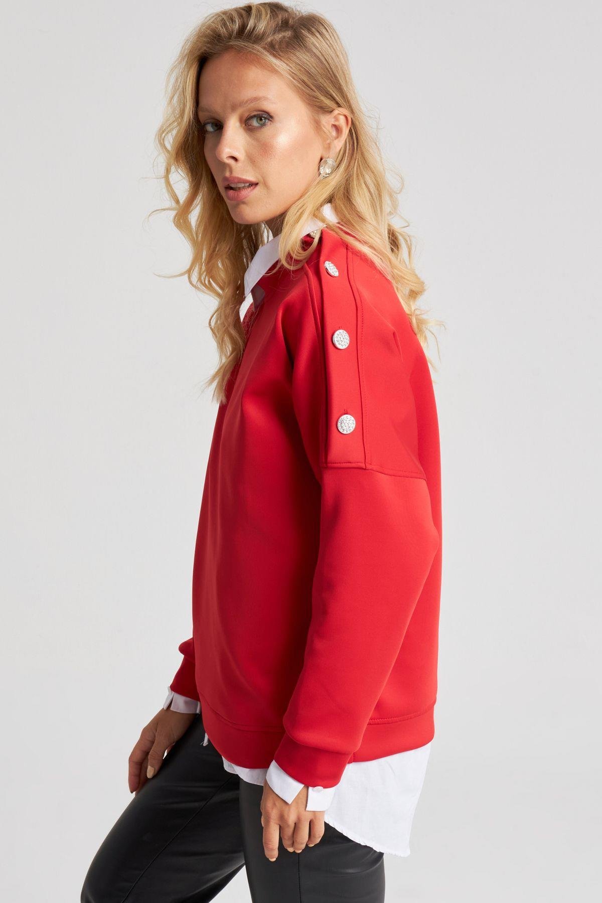 Kadın Kırmızı Omuz Taşlı Dalgıç Sweatshirt ST824