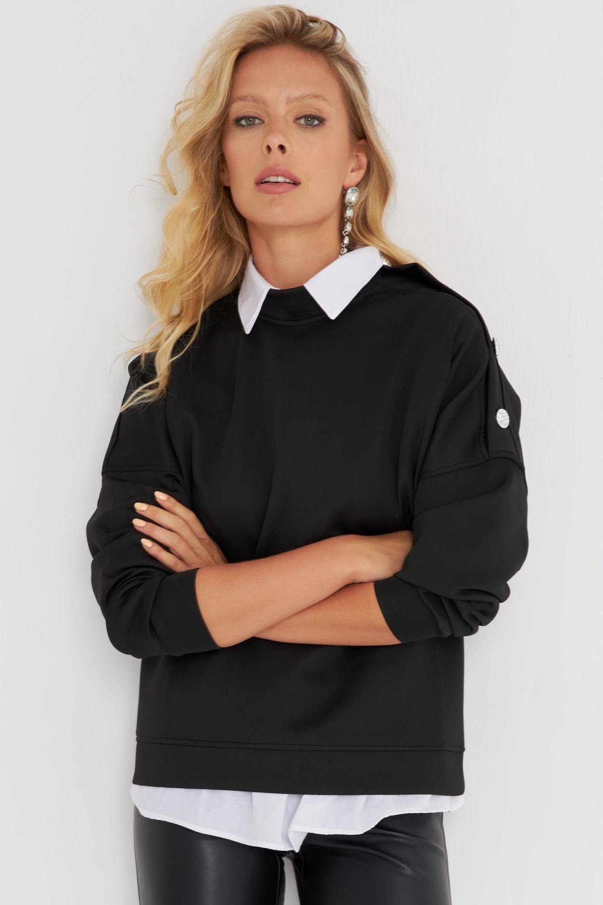 Kadın Kırmızı Omuz Taşlı Dalgıç Sweatshirt ST824