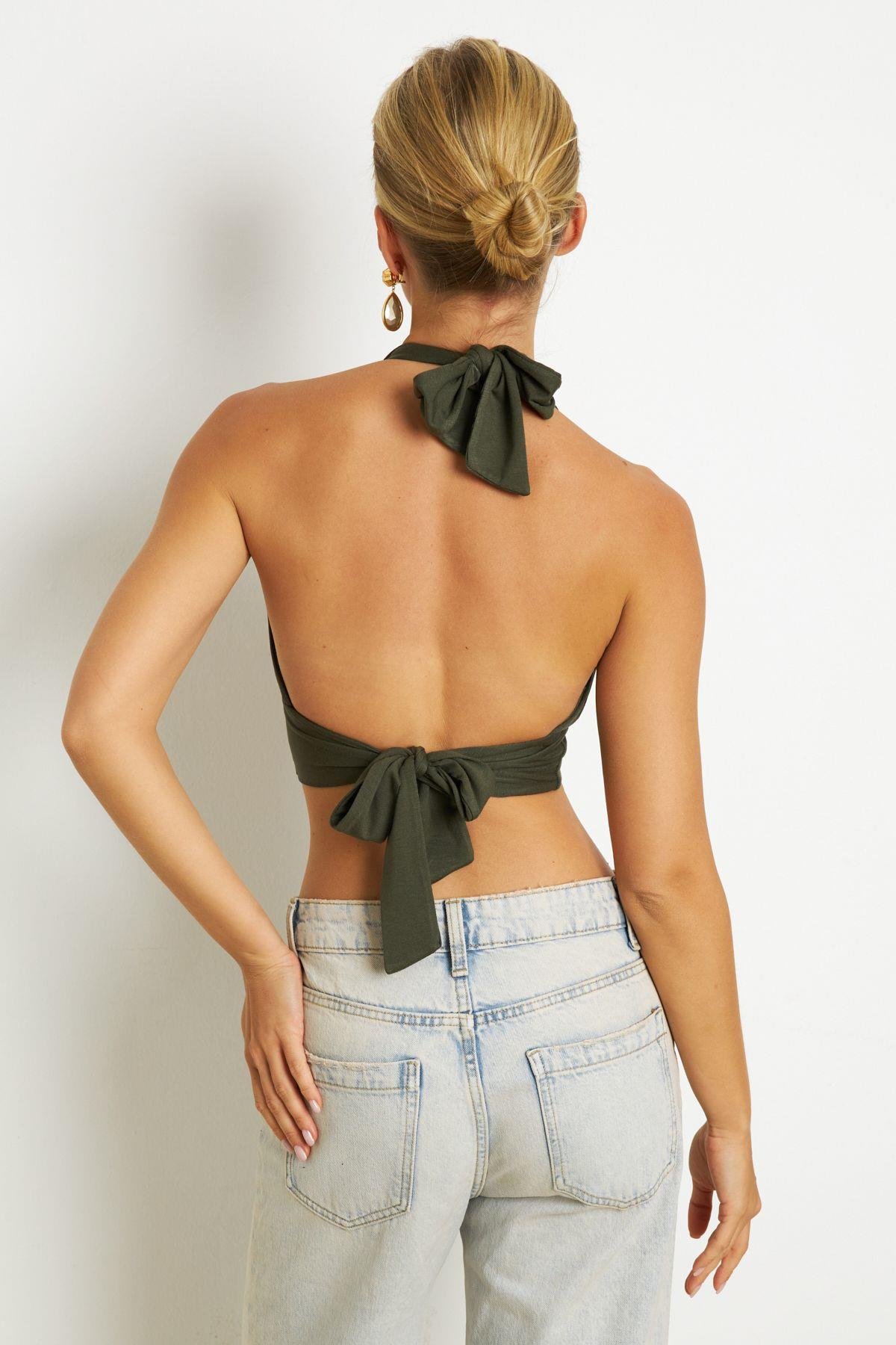 Kadın Kırmızı Sırt Ve Boyun Bağlamalı Bluz EY1472