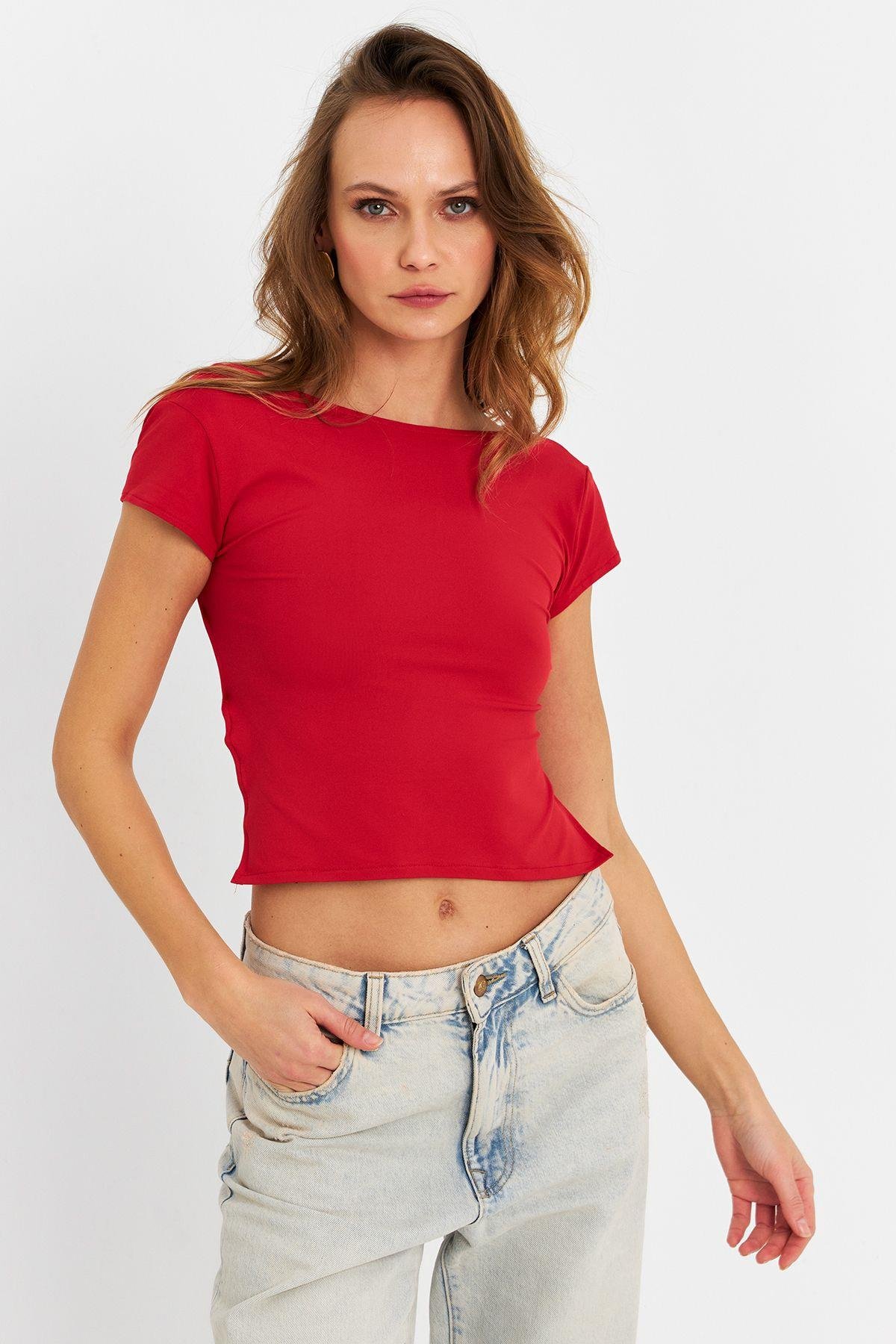 Kadın Kırmızı Sırtı Açık Crop Bluz ZH007