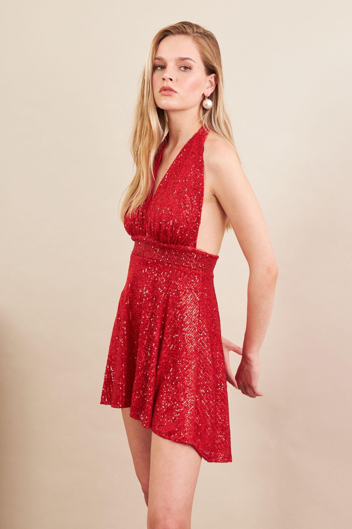 Kadın Kırmızı Sırtı Açık Payetli Astarlı Mini Elbise DCF046