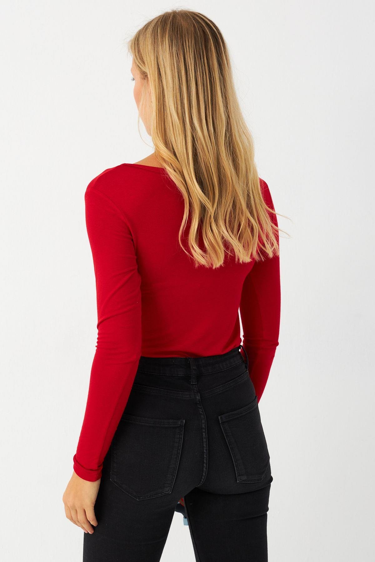 Kadın Kırmızı V Yaka Çıtçıtlı Body Fİ792