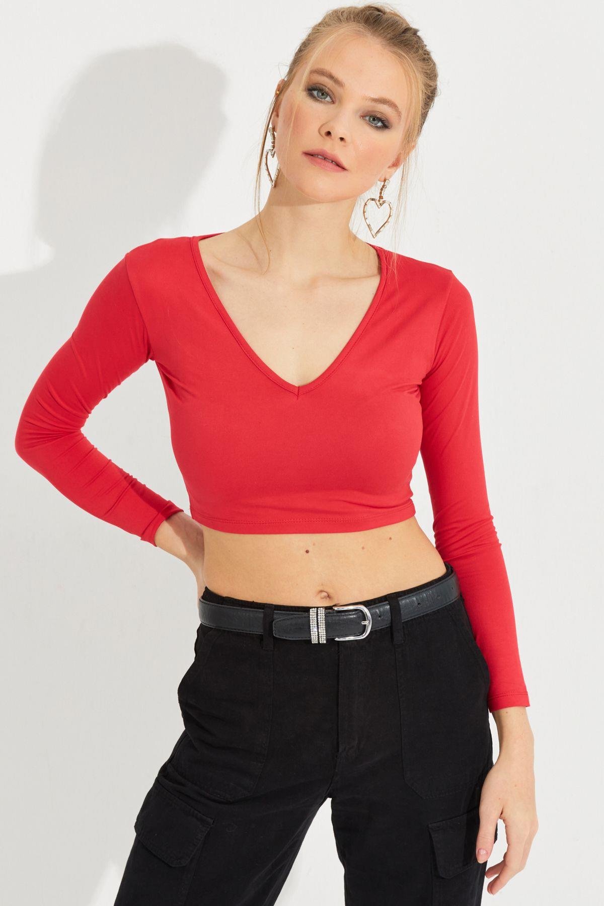 Kadın Kırmızı V Yaka Crop Bluz LPP1241