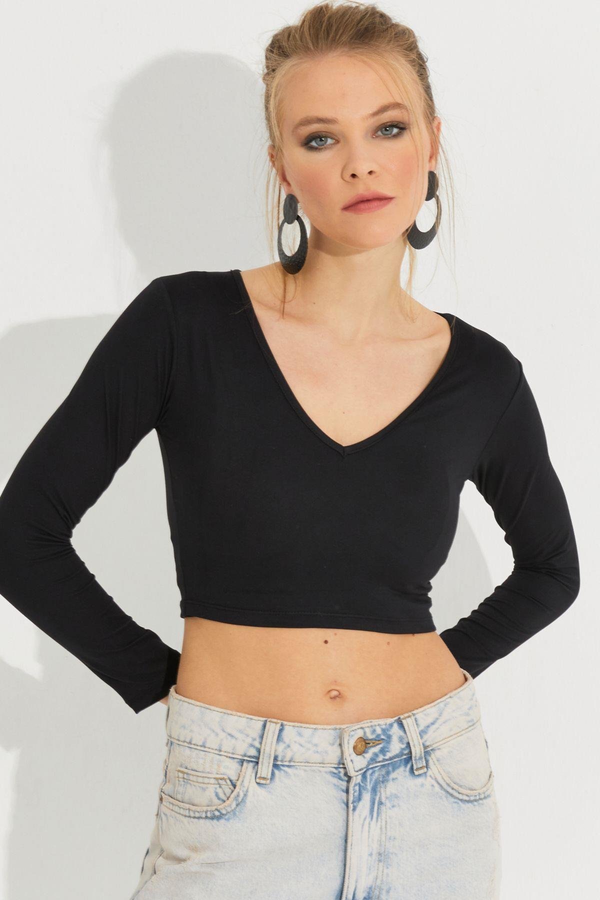 Kadın Kırmızı V Yaka Crop Bluz LPP1241
