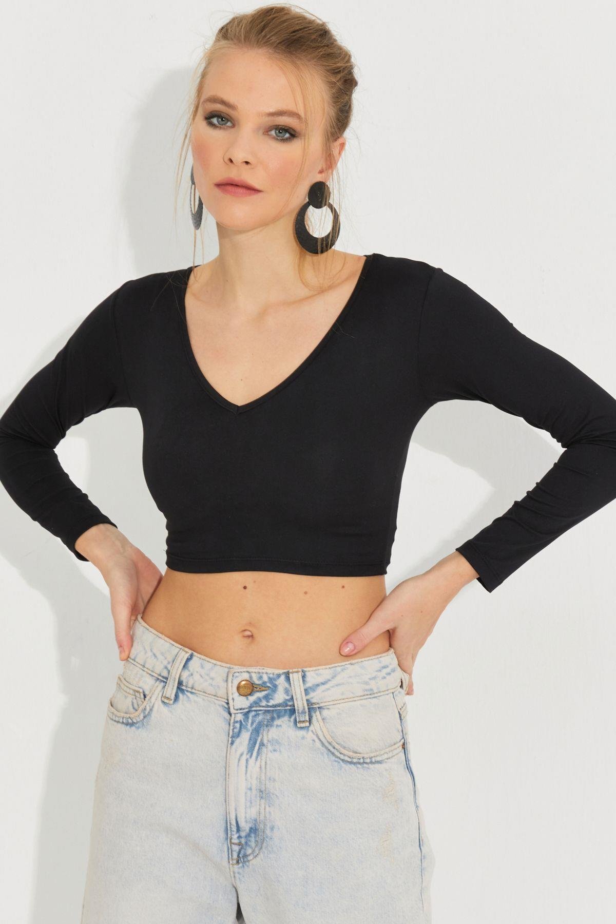 Kadın Kırmızı V Yaka Crop Bluz LPP1241