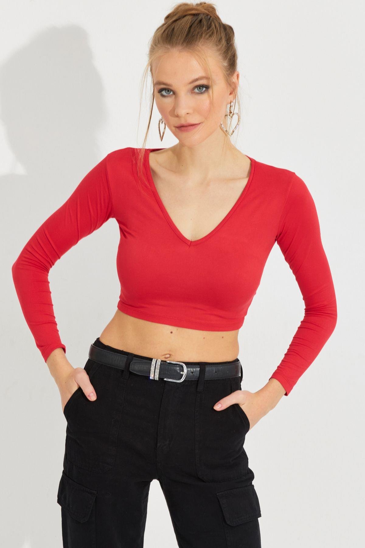 Kadın Kırmızı V Yaka Crop Bluz LPP1241