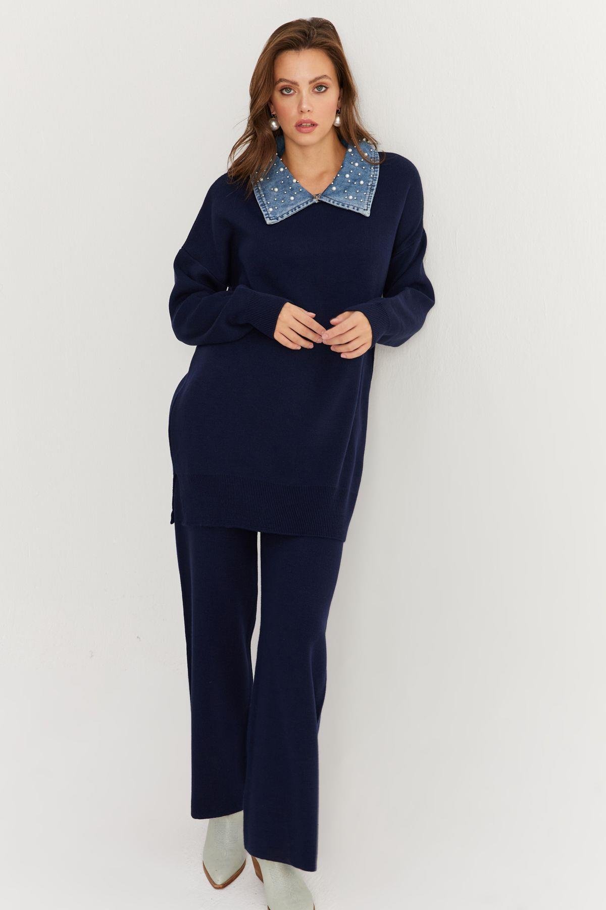 Kadın Lacivert Denim Yakalı İncili Alt Üst Triko Takım MNUV22