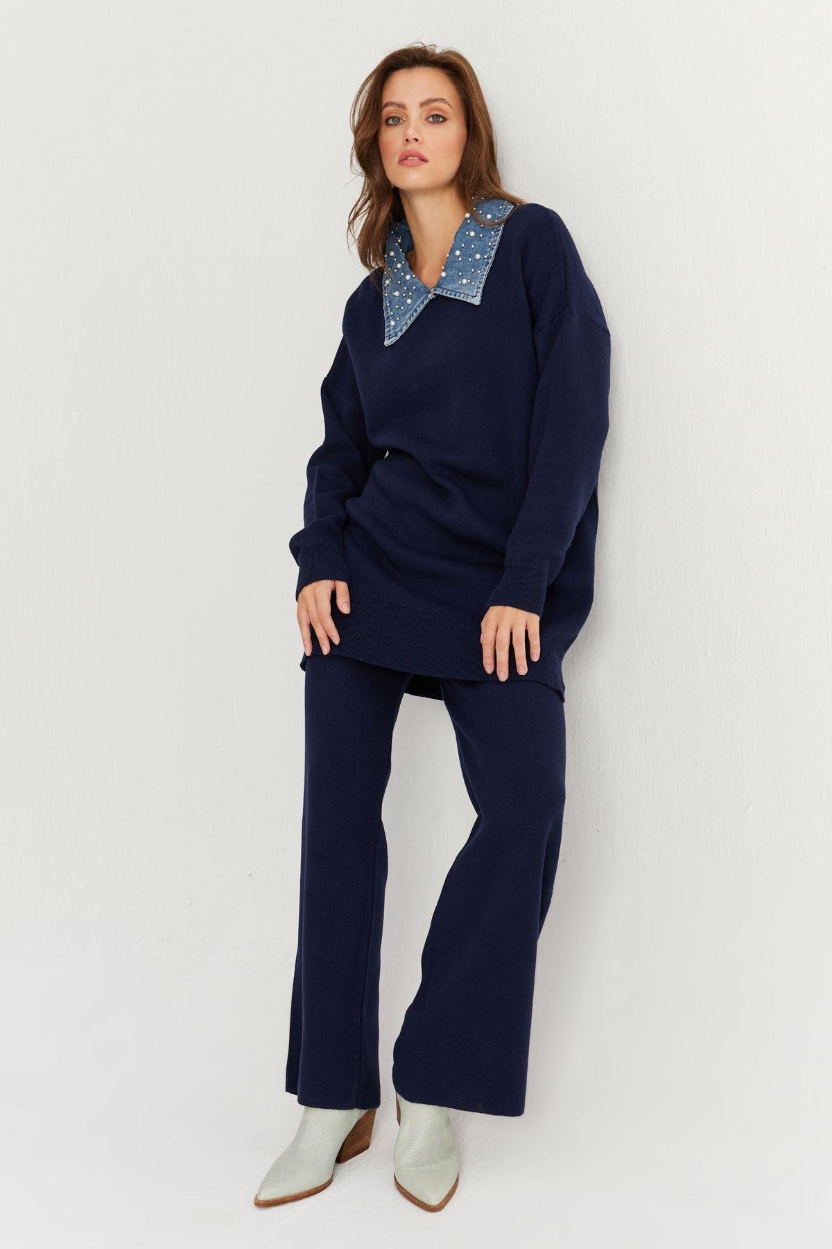Kadın Lacivert Denim Yakalı İncili Alt Üst Triko Takım MNUV22