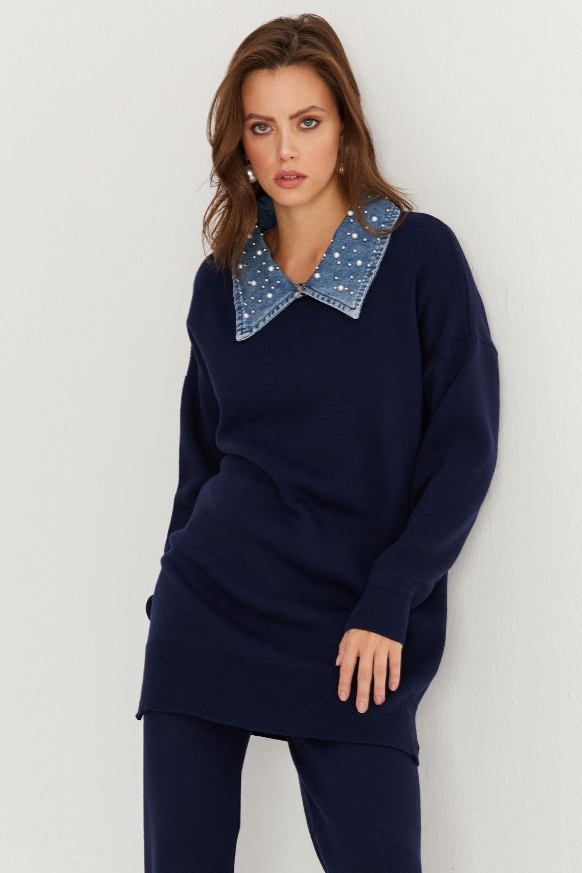 Kadın Lacivert Denim Yakalı İncili Alt Üst Triko Takım MNUV22
