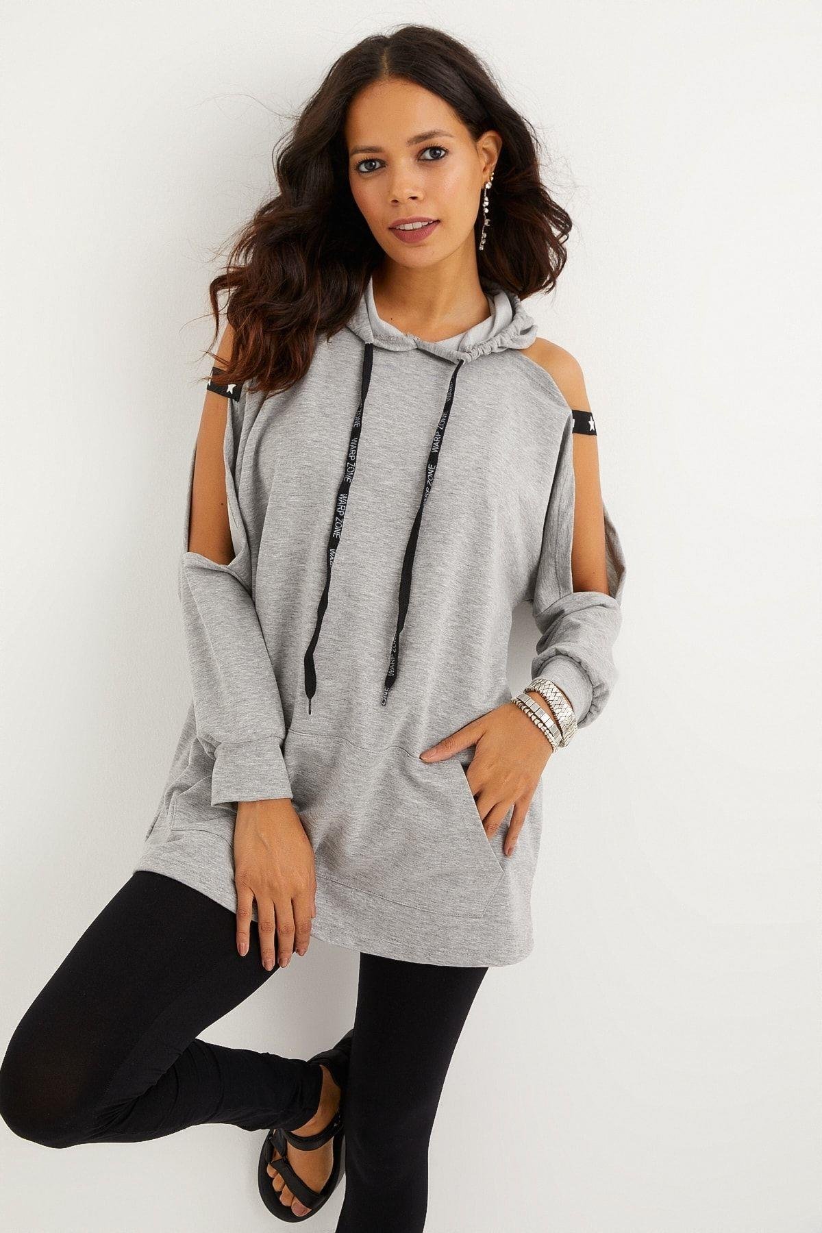 Kadın Lacivert Kolları Açık Kapüşonlu Sweatshirt Yİ2356