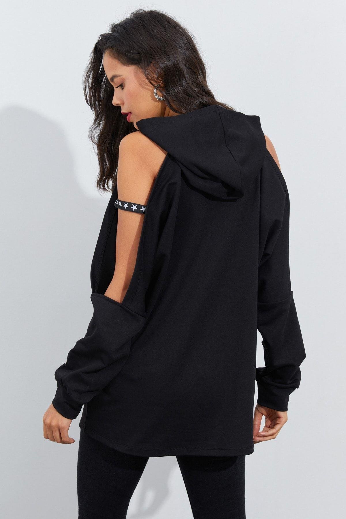 Kadın Lacivert Kolları Açık Kapüşonlu Sweatshirt Yİ2356
