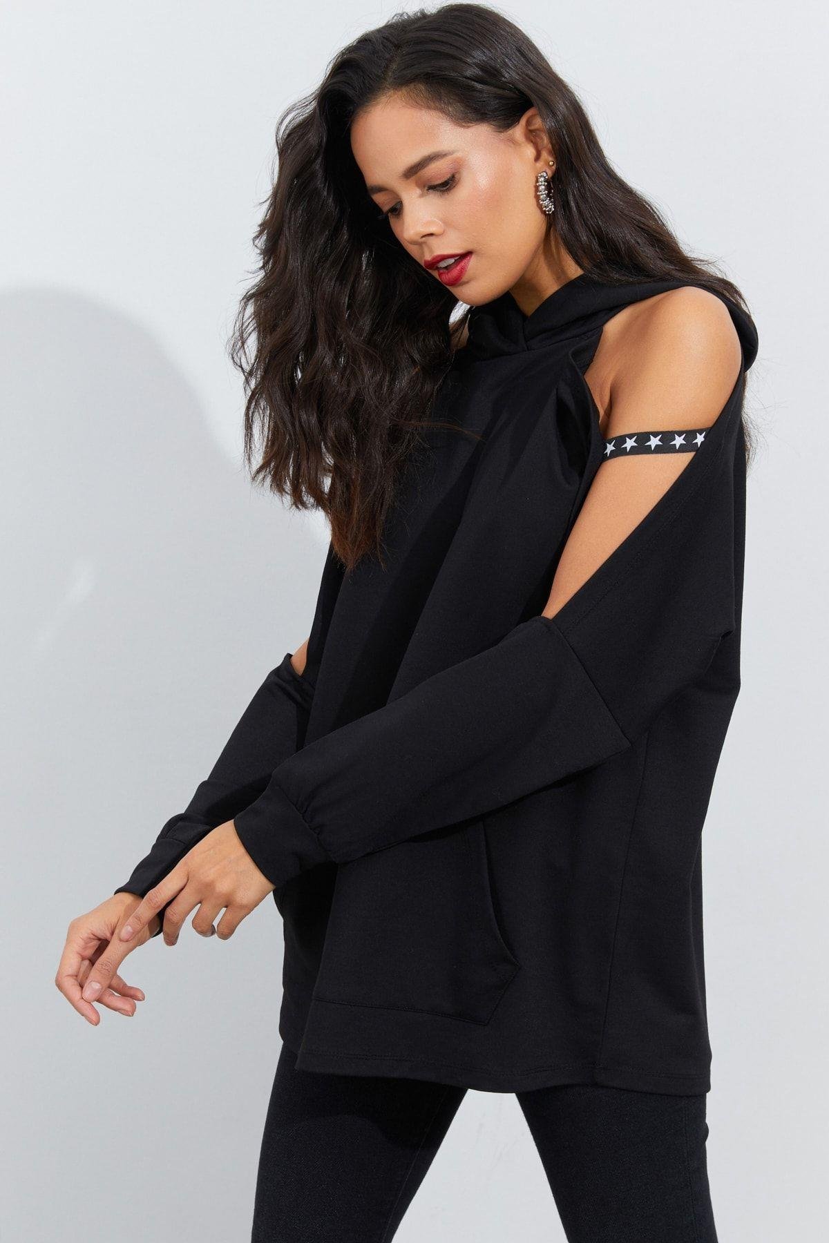 Kadın Lacivert Kolları Açık Kapüşonlu Sweatshirt Yİ2356