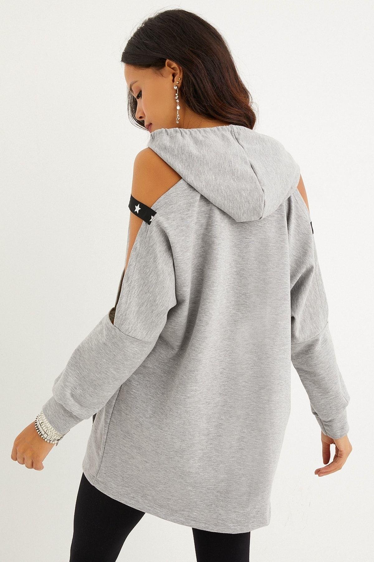Kadın Lacivert Kolları Açık Kapüşonlu Sweatshirt Yİ2356