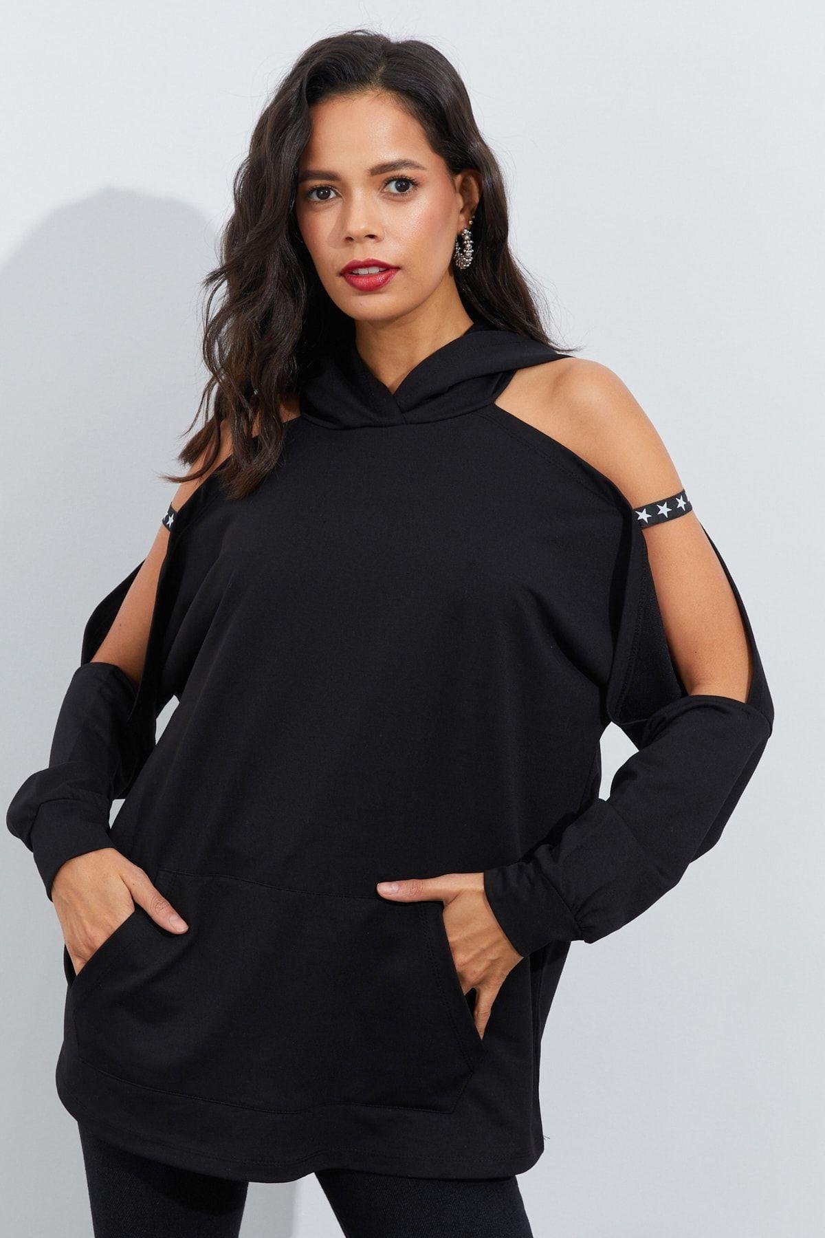 Kadın Lacivert Kolları Açık Kapüşonlu Sweatshirt Yİ2356