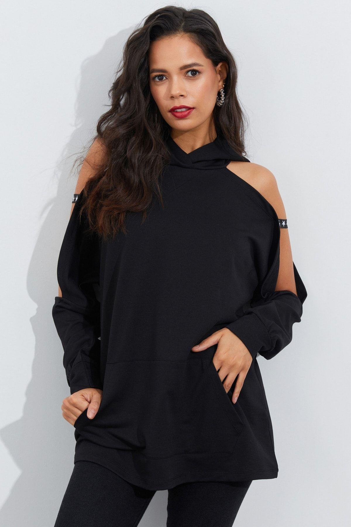 Kadın Lacivert Kolları Açık Kapüşonlu Sweatshirt Yİ2356
