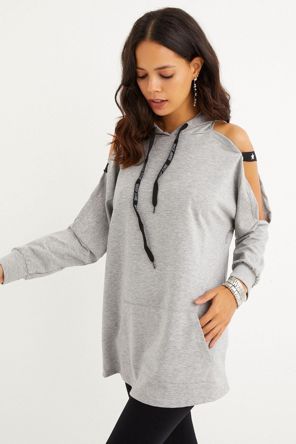 Kadın Lacivert Kolları Açık Kapüşonlu Sweatshirt Yİ2356