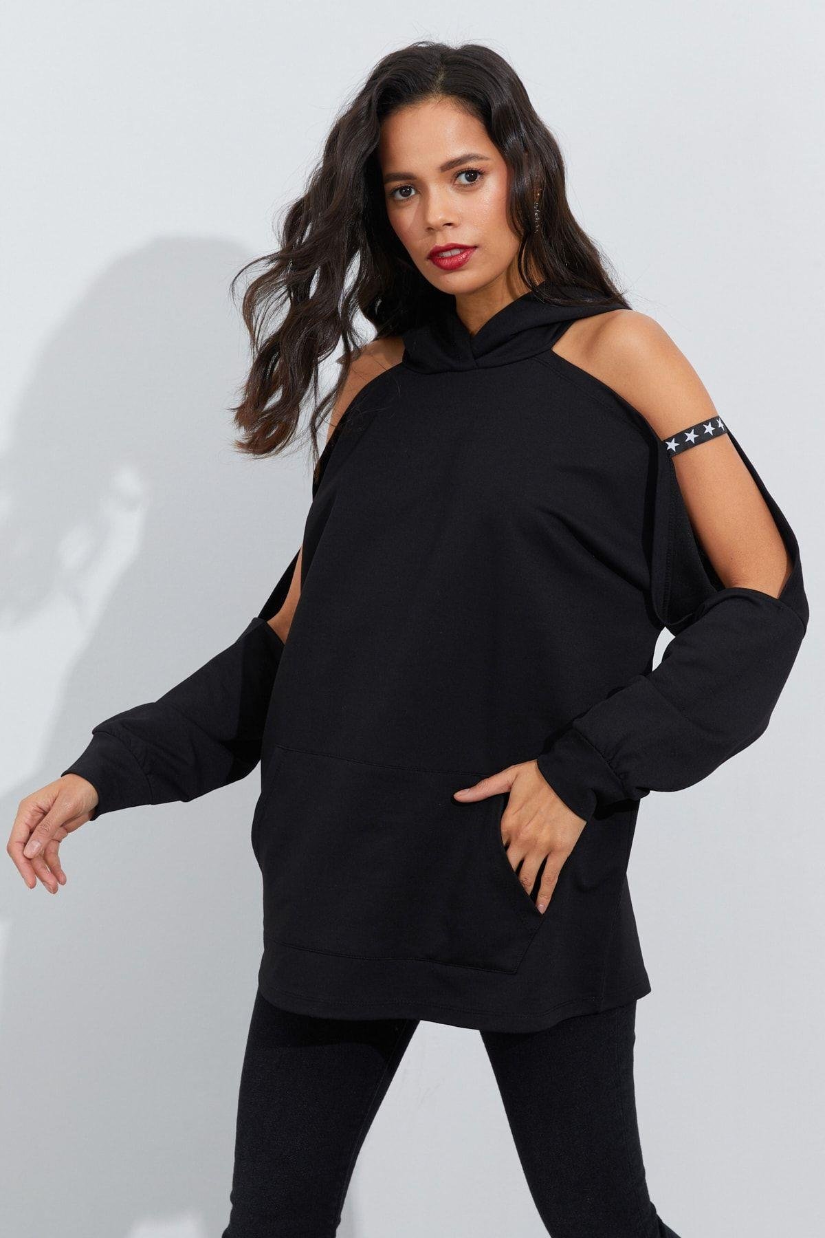 Kadın Lacivert Kolları Açık Kapüşonlu Sweatshirt Yİ2356