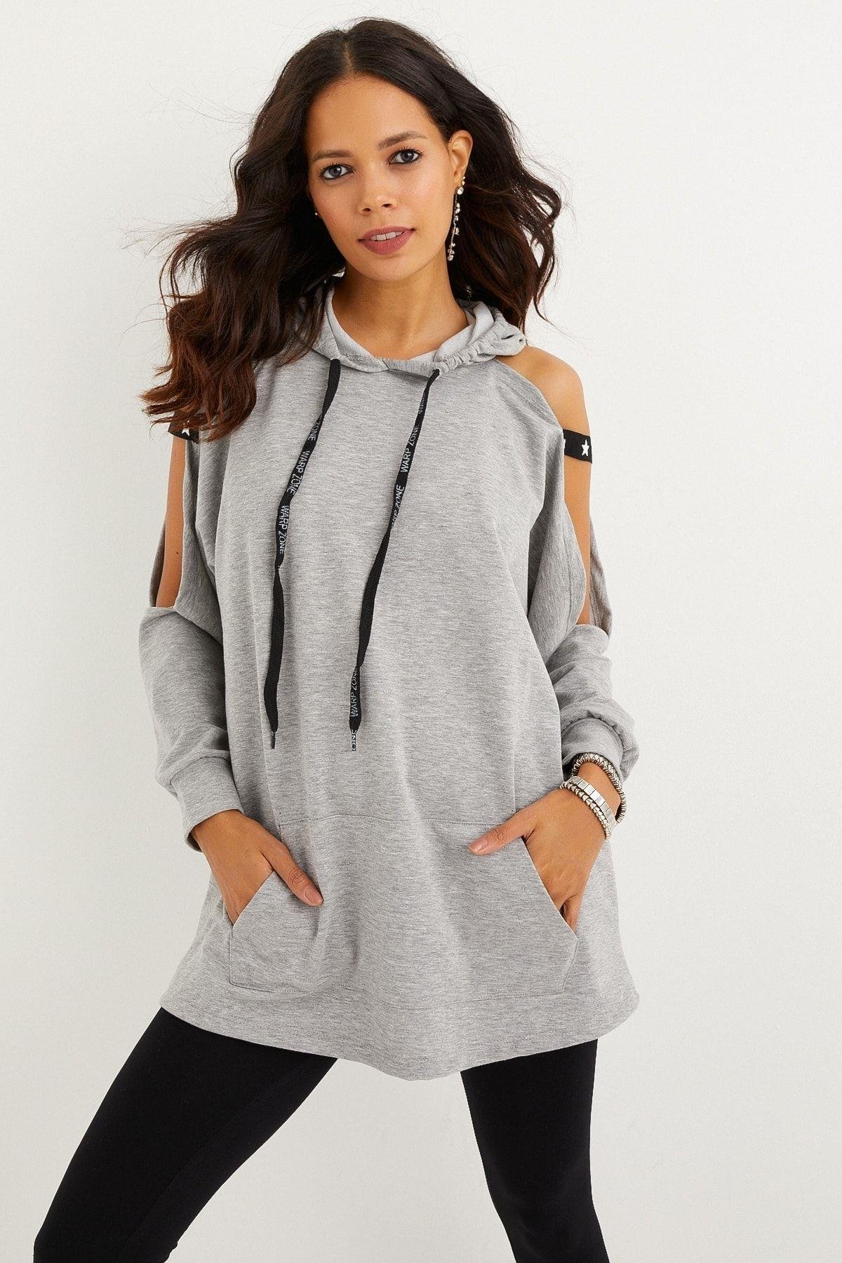 Kadın Lacivert Kolları Açık Kapüşonlu Sweatshirt Yİ2356