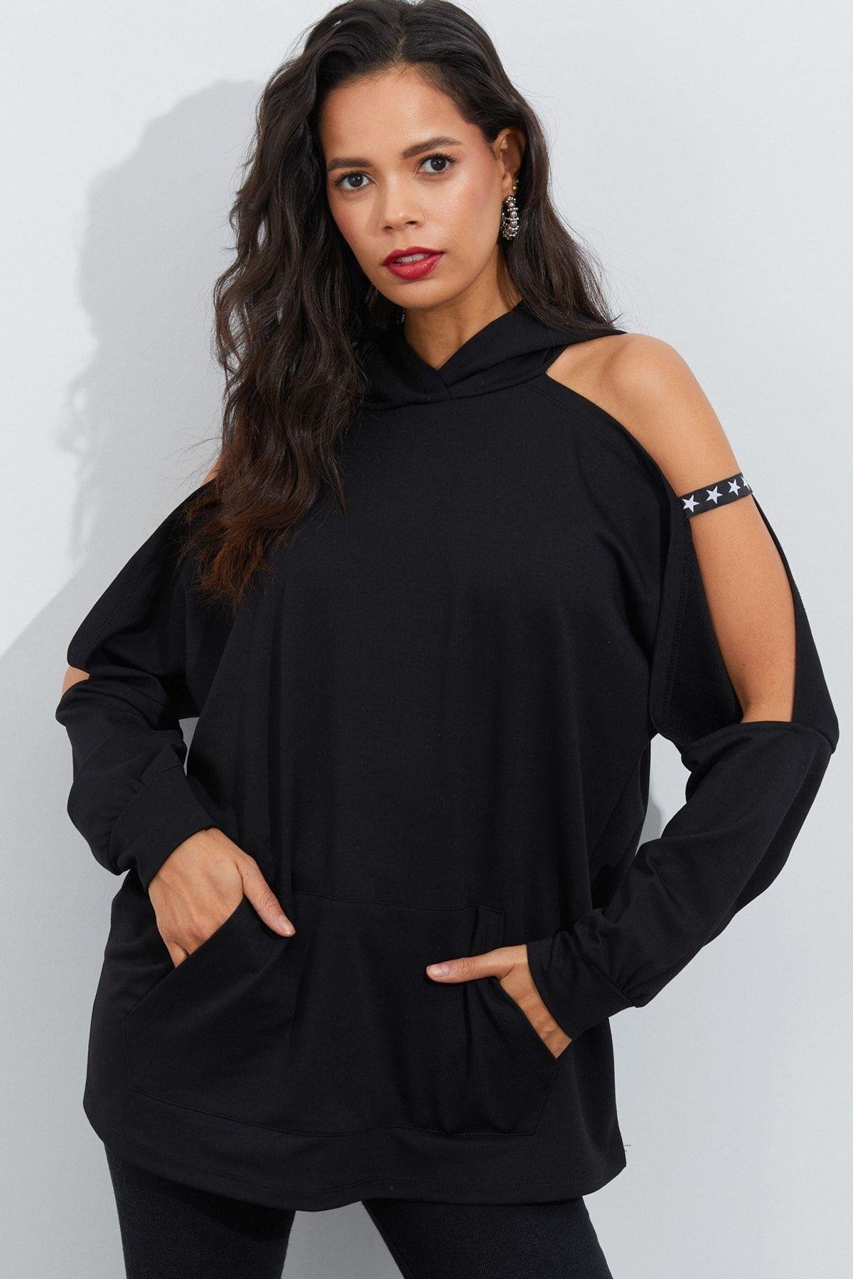 Kadın Lacivert Kolları Açık Kapüşonlu Sweatshirt Yİ2356