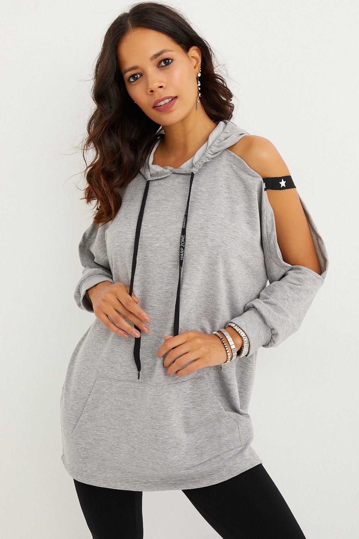 Kadın Lacivert Kolları Açık Kapüşonlu Sweatshirt Yİ2356