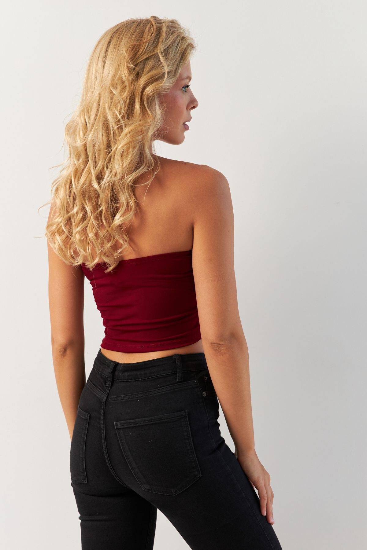 Kadın Lacivert Önü Büzgülü Crop Bluz MON138