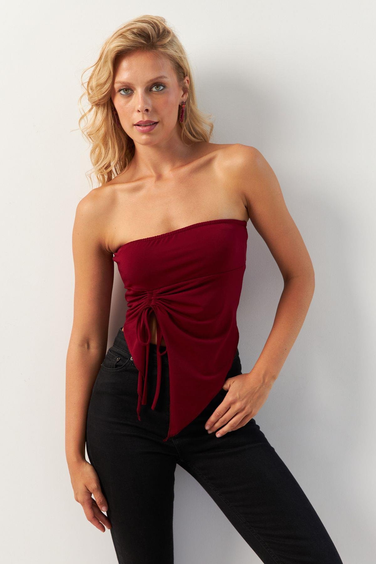 Kadın Lacivert Önü Büzgülü Crop Bluz MON138