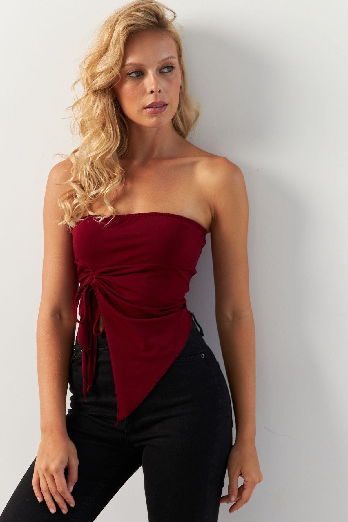 Kadın Lacivert Önü Büzgülü Crop Bluz MON138