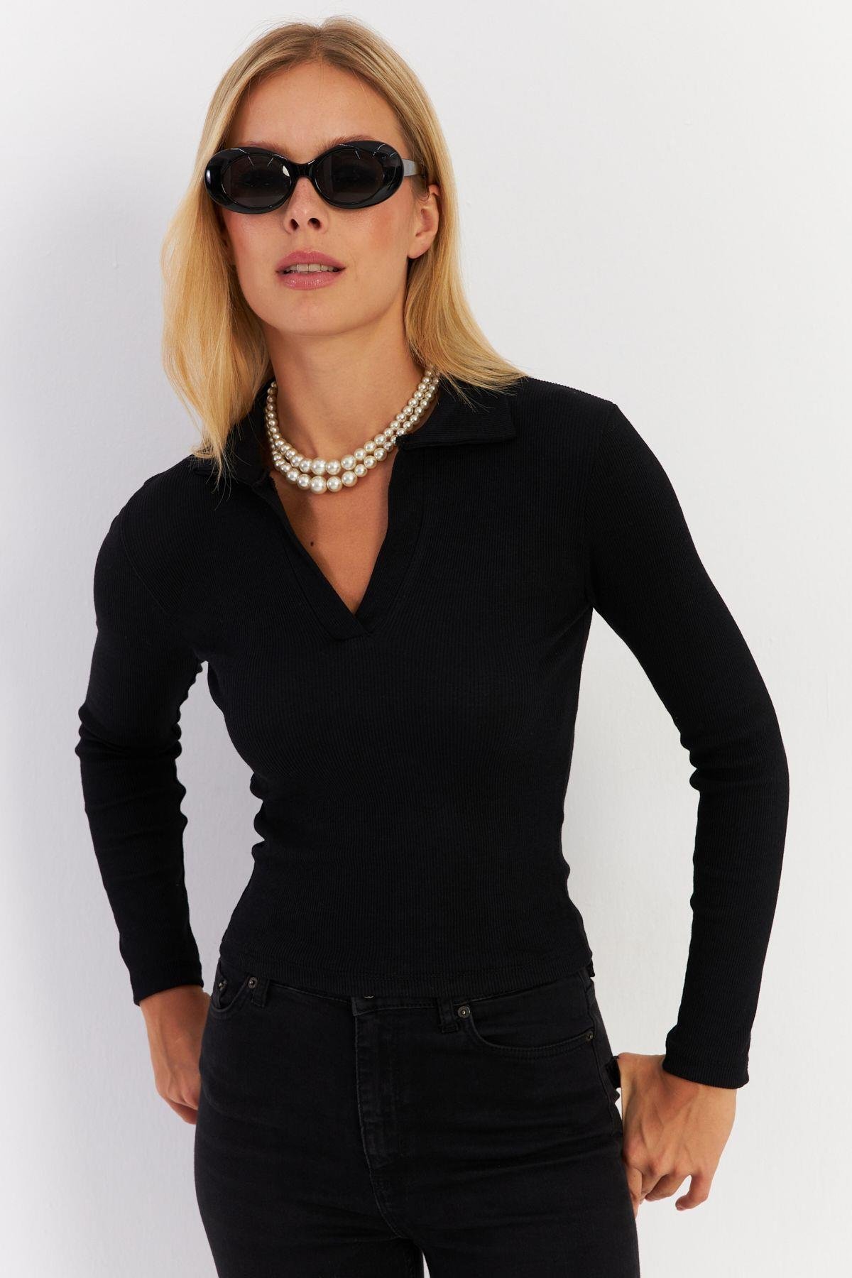 Kadın Lacivert Polo Yaka Kaşkorse Bluz LON3006