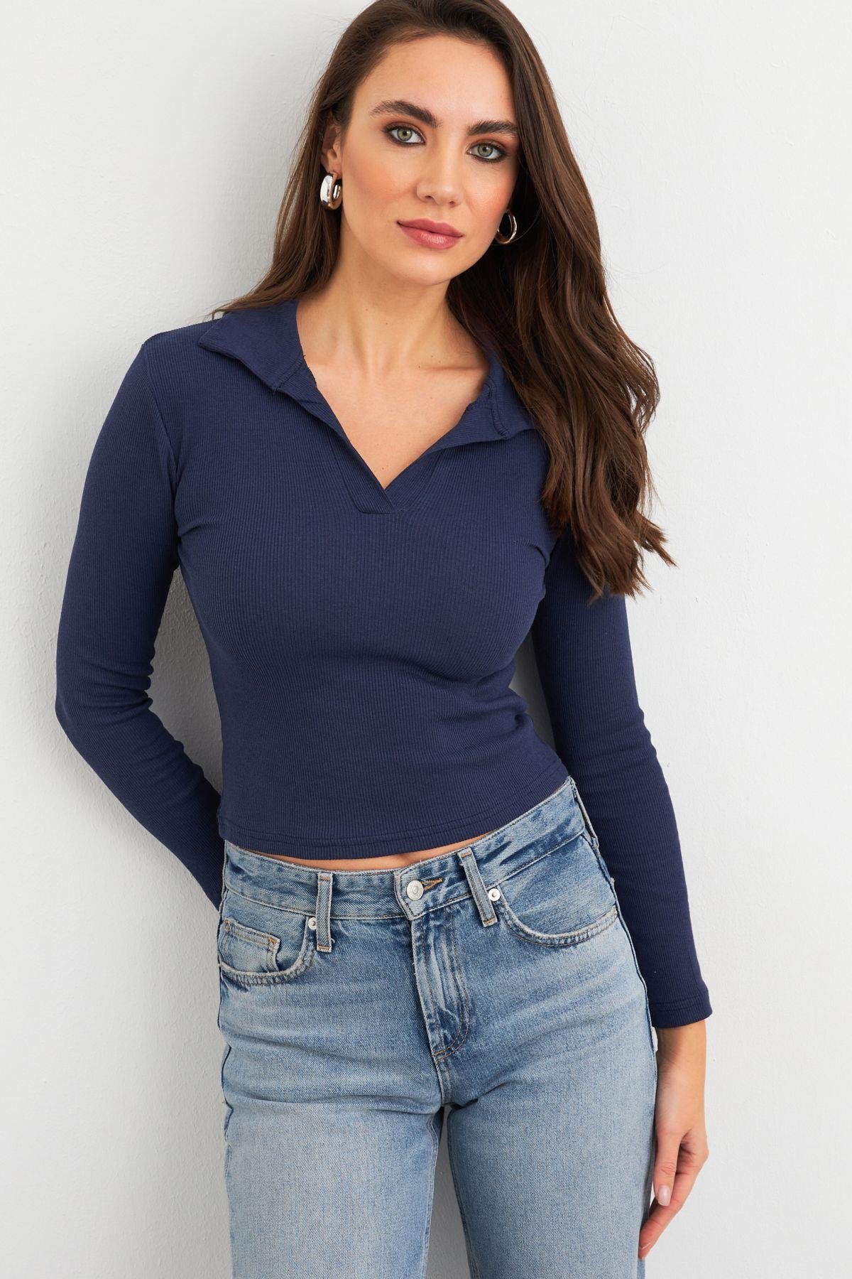 Kadın Lacivert Polo Yaka Kaşkorse Bluz LON3006