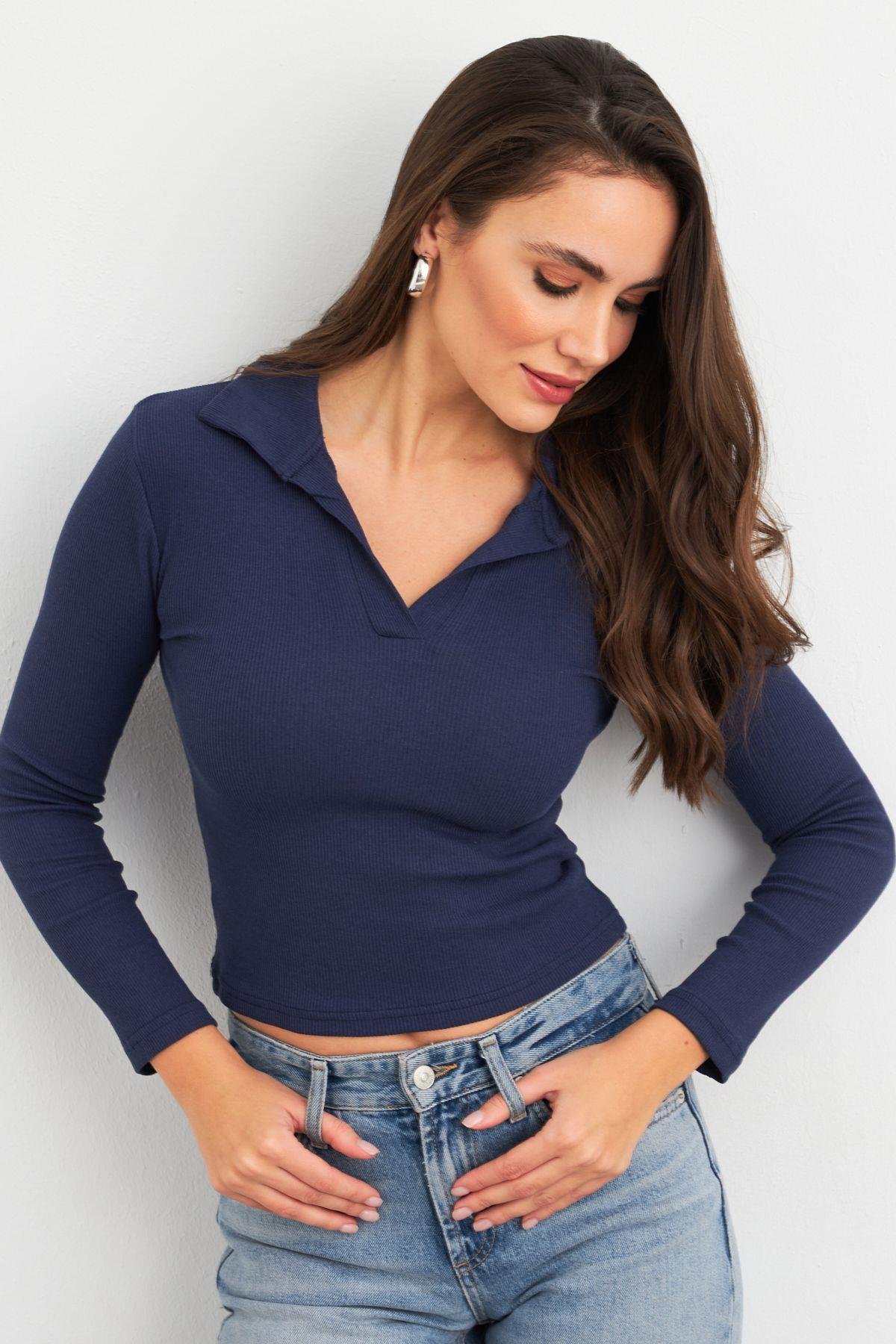 Kadın Lacivert Polo Yaka Kaşkorse Bluz LON3006