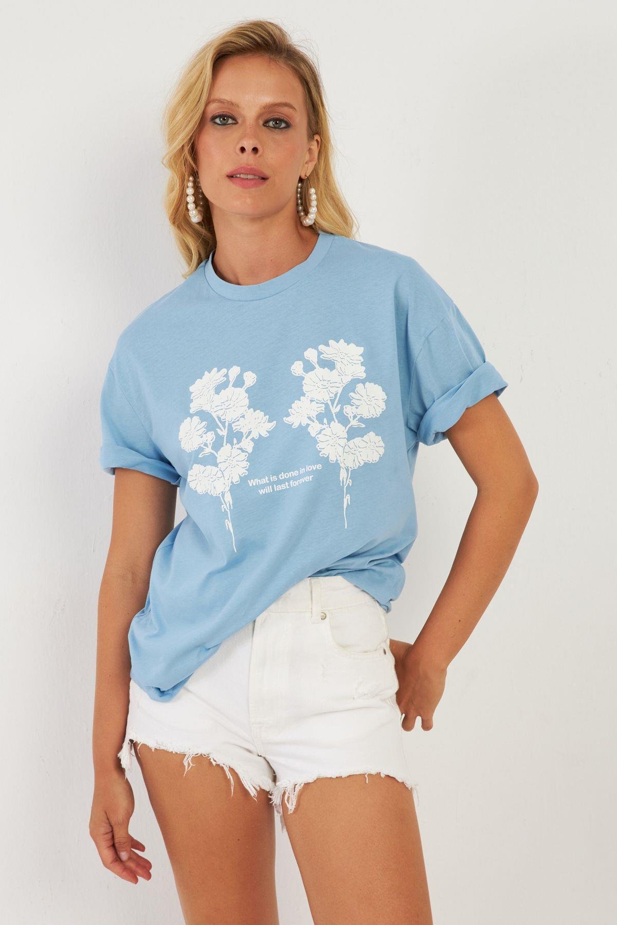Kadın Mavi Baskılı T-Shirt AYD362