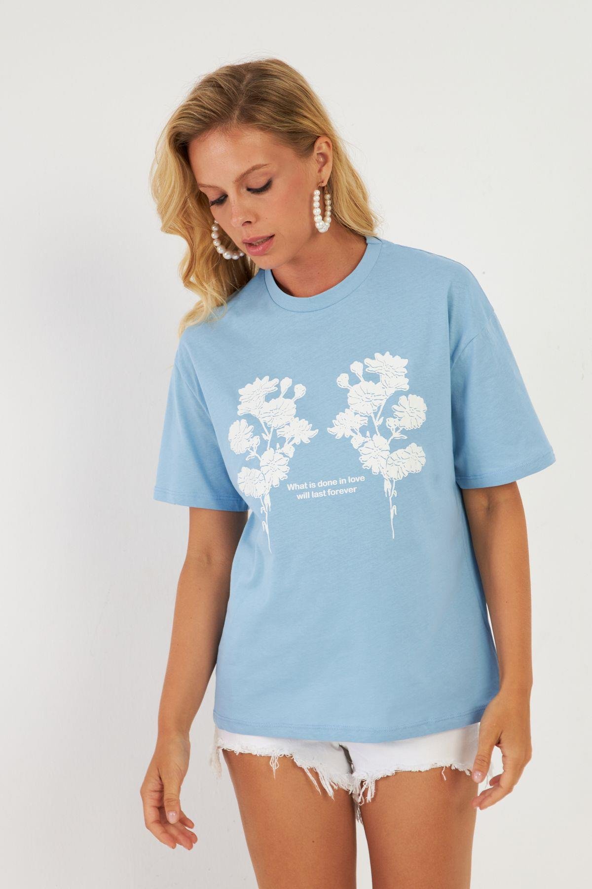 Kadın Mavi Baskılı T-Shirt AYD362