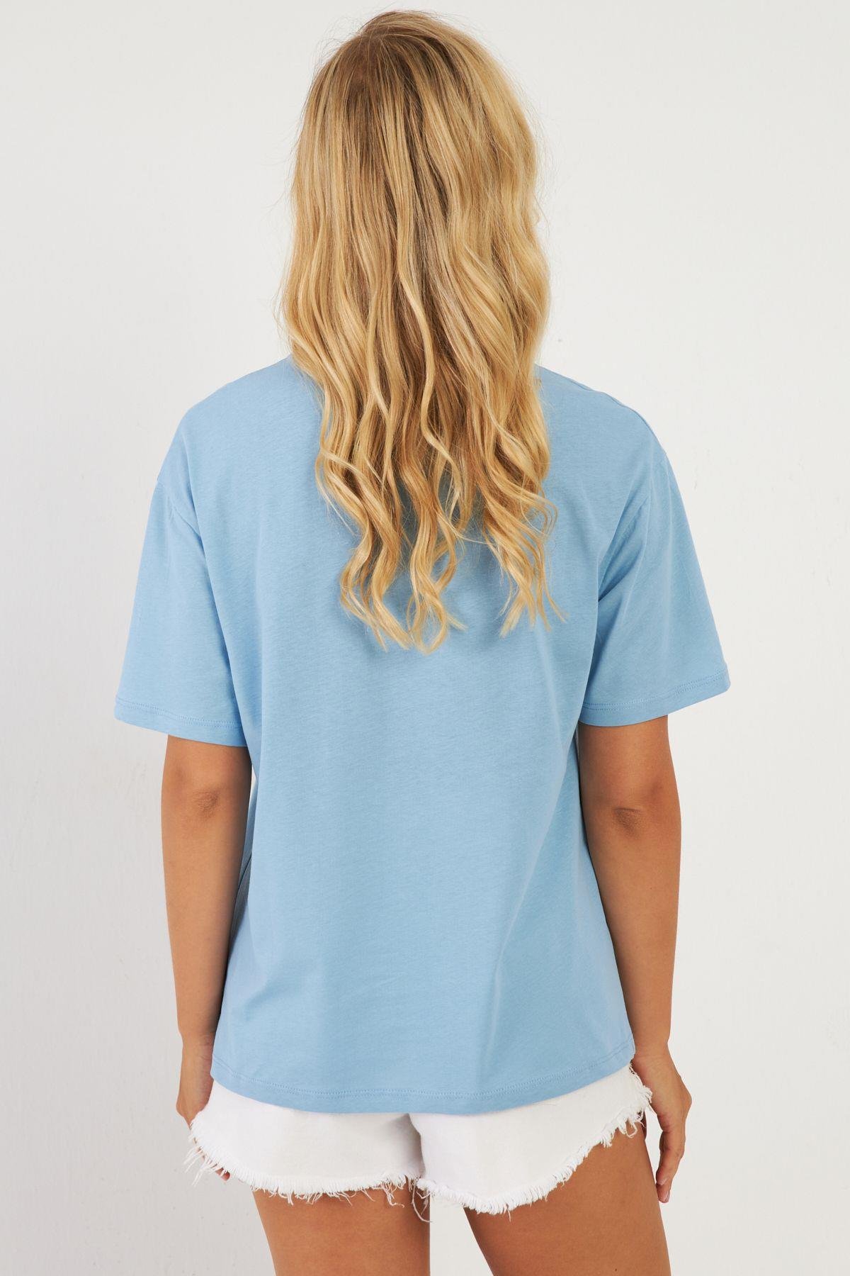 Kadın Mavi Baskılı T-Shirt AYD362