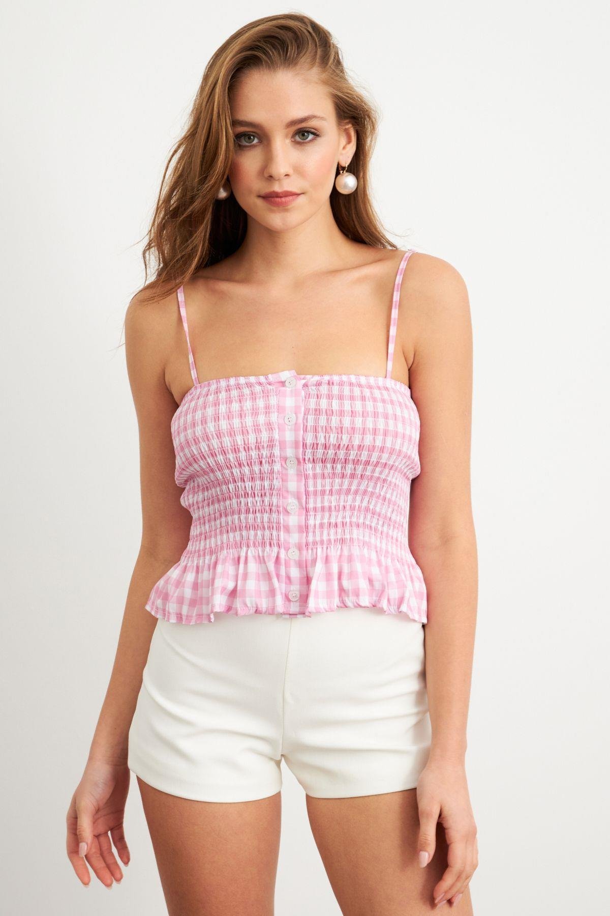 Kadın Mavi Ekose Lastikli Crop Bluz MTK13397