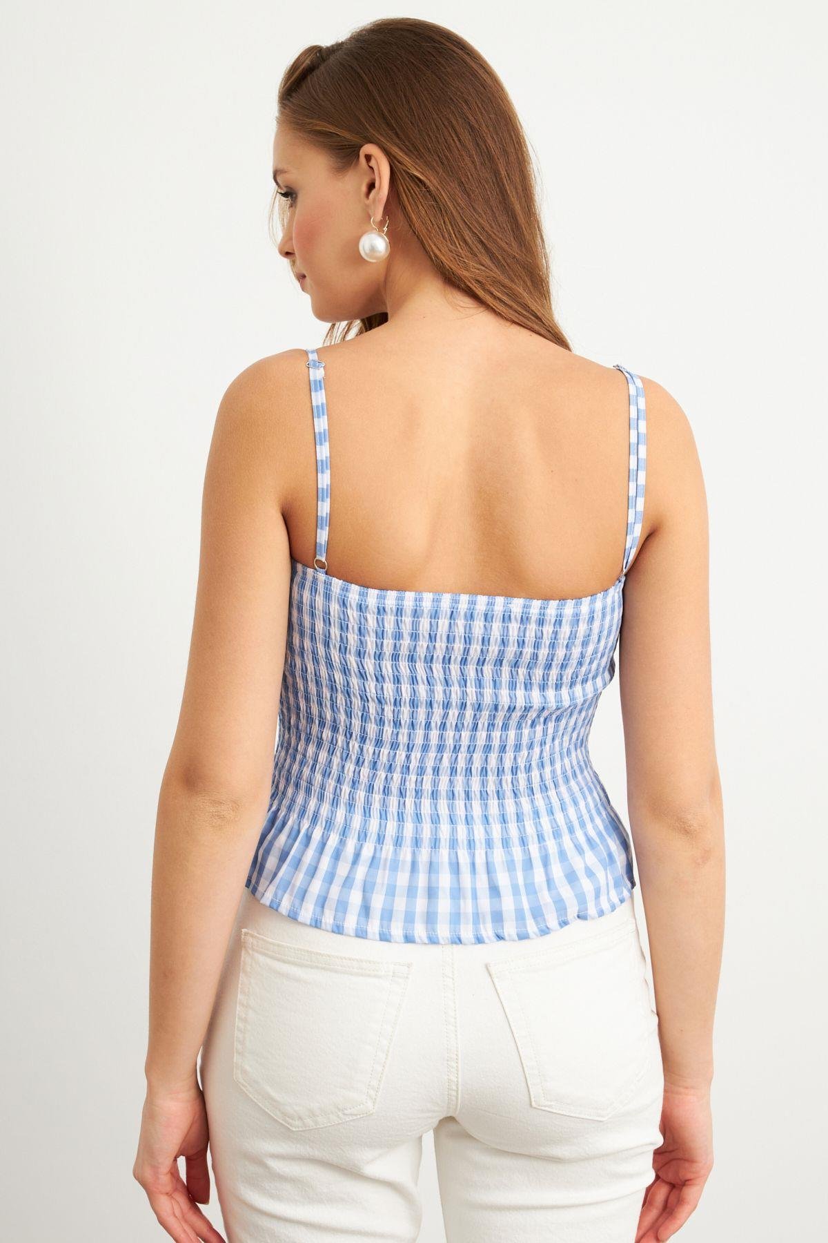 Kadın Mavi Ekose Lastikli Crop Bluz MTK13397